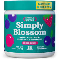 Simply Blossom Greens tub on a clean surface, highlighting 45+ nutrients for daily wellness.