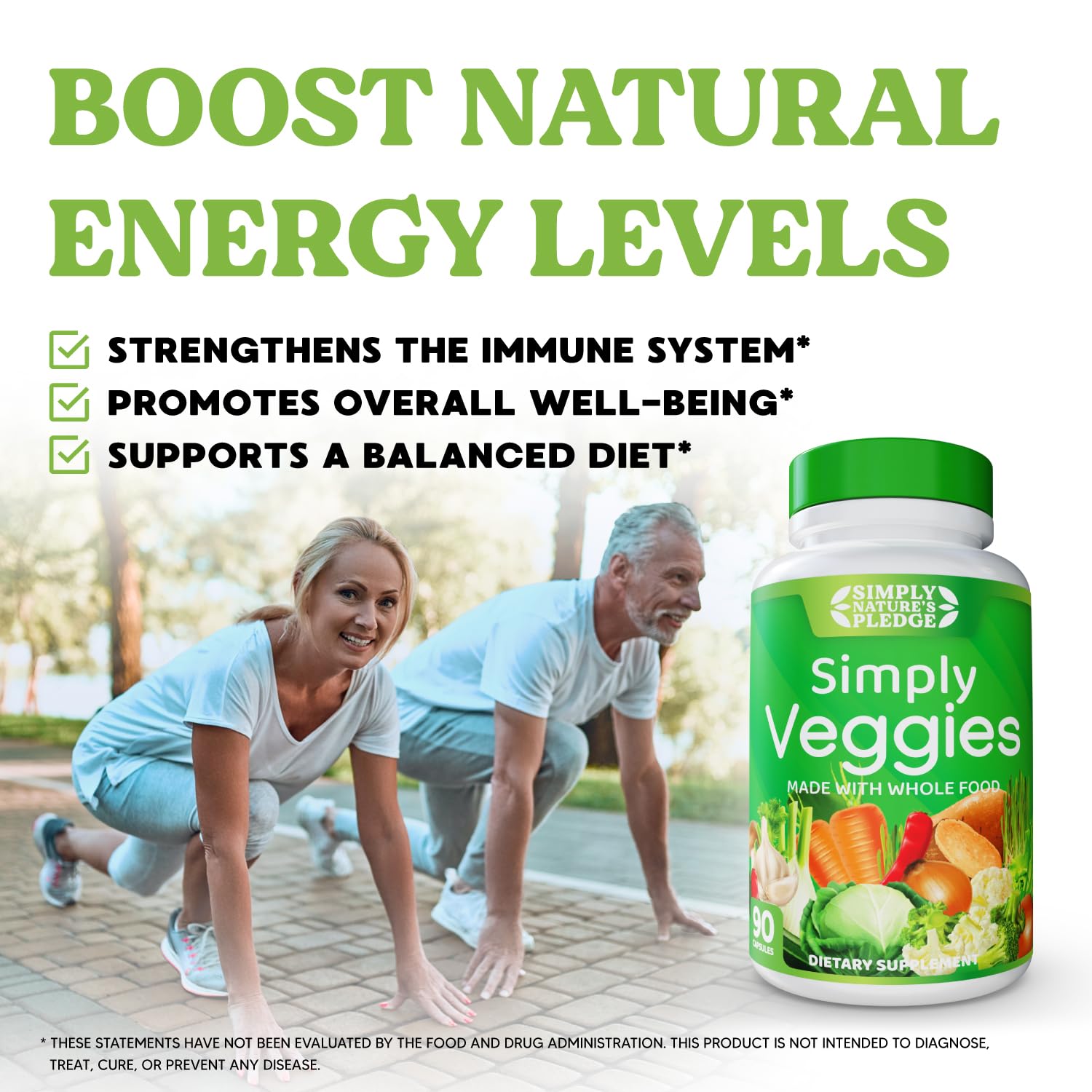 Simply Nature's Pledge vegetable blend capsules featuring 42+ fruits and vegetables per serving.