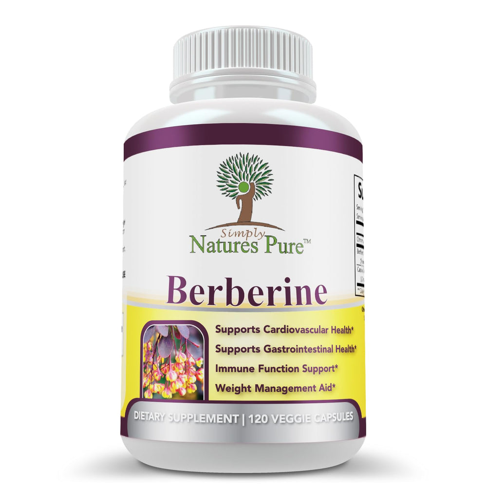 Simply Nature's Pure berberine 500mg bottle supports daily GI and cardiovascular wellness.