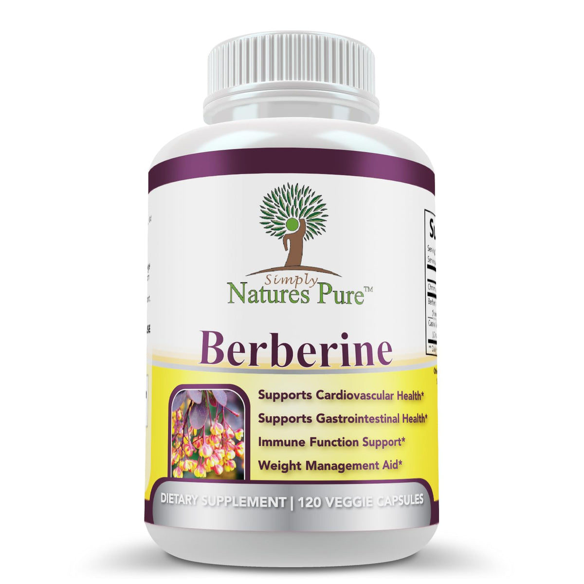 Simply Nature's Pure berberine 500mg bottle supports daily GI and cardiovascular wellness.