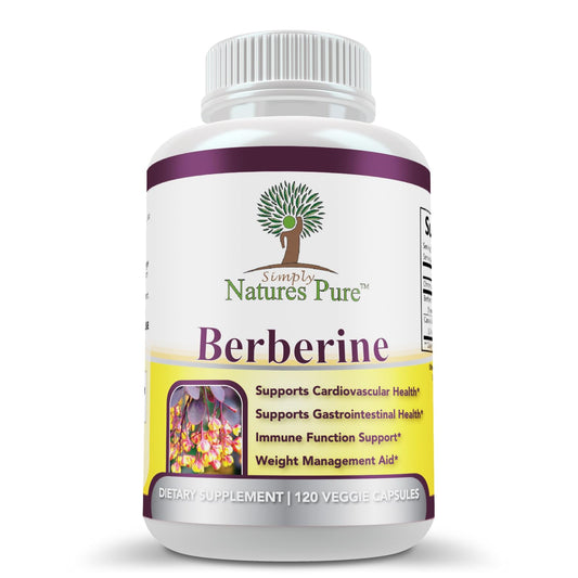 Simply Nature's Pure berberine 500mg bottle supports daily GI and cardiovascular wellness.