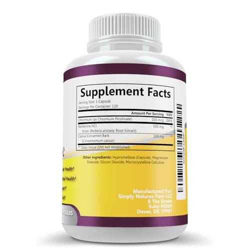 Berberine capsules 120-count by Simply Nature's Pure for convenient daily use.