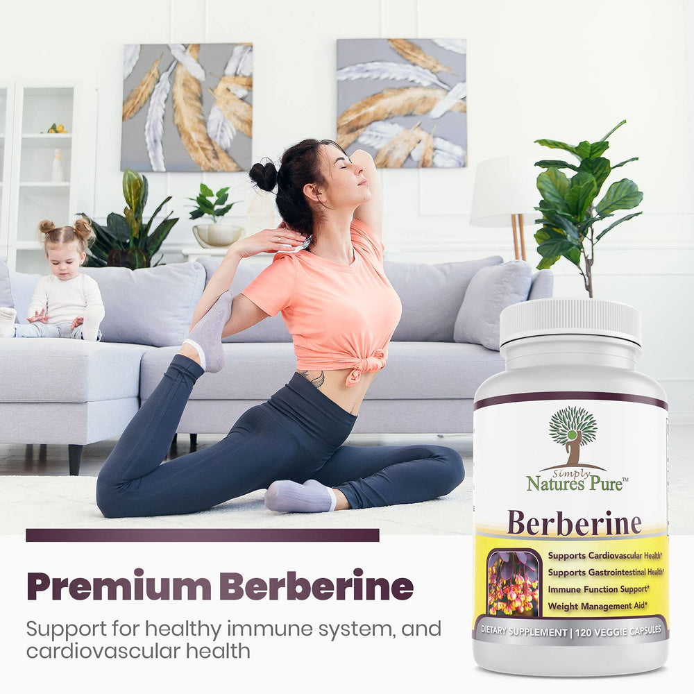 Close-up of Simply Nature's Pure berberine packaging and label.