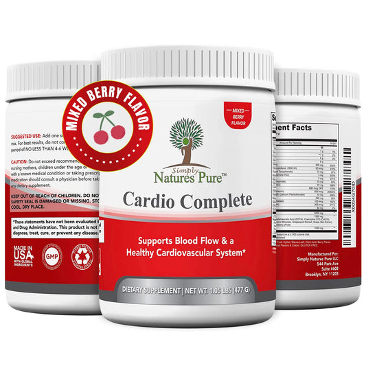 Simply Nature's Pure Cardio Complete bottle shows L-Arginine focus for blood flow support.