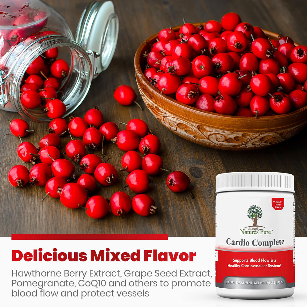 Simply Nature's Pure Cardio Complete serving scoop beside tart cherry powder suggests 30-day supply.
