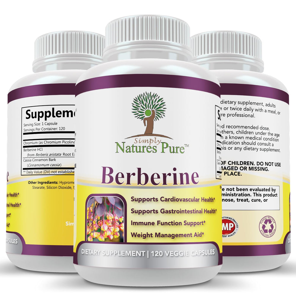 USA-made label on Simply Nature's Pure berberine bottle.
