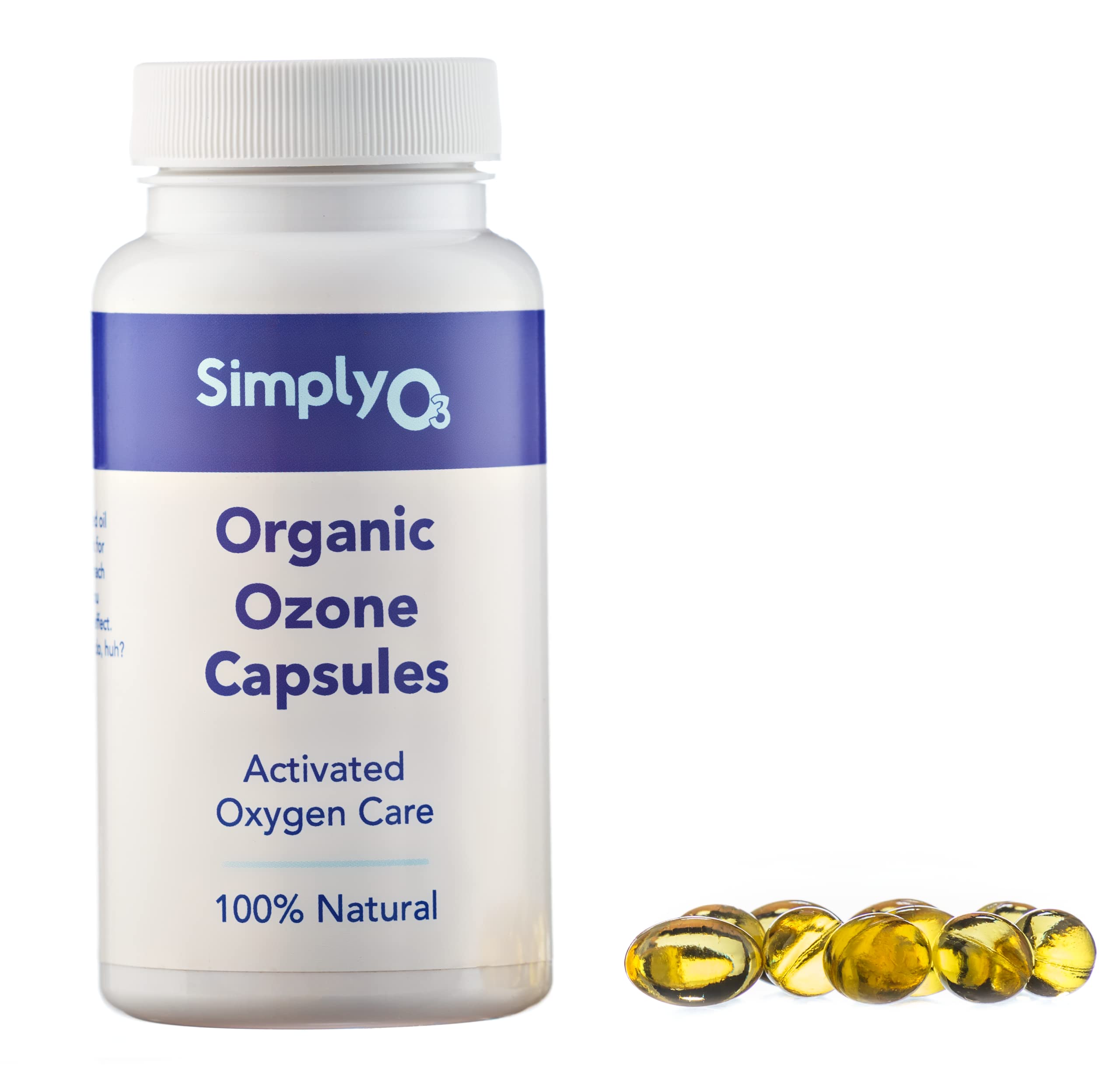 Simply O3 Pure Ozonated Olive Oil Capsules bottle highlighting two-month supply for digestive support.