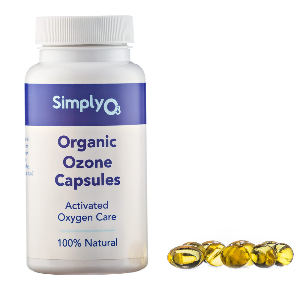 Simply O3 Pure Ozonated Olive Oil Capsules bottle highlighting two-month supply for digestive support.