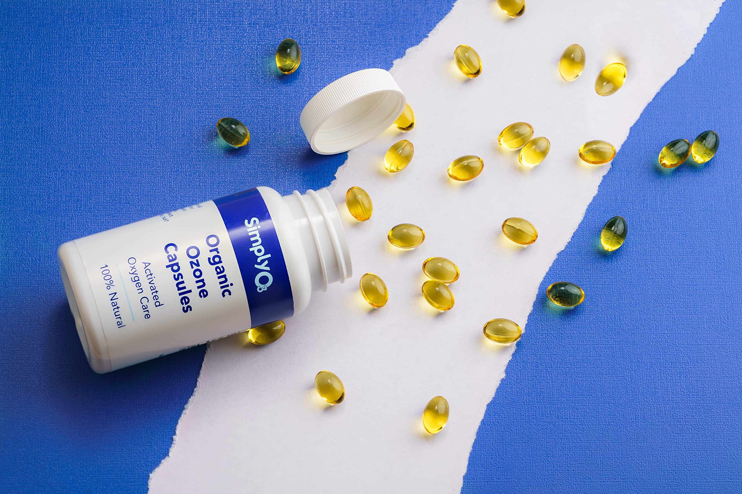Simply O3 capsules close-up shows 1,200 peroxide value and 1,000 mg per serving detail.