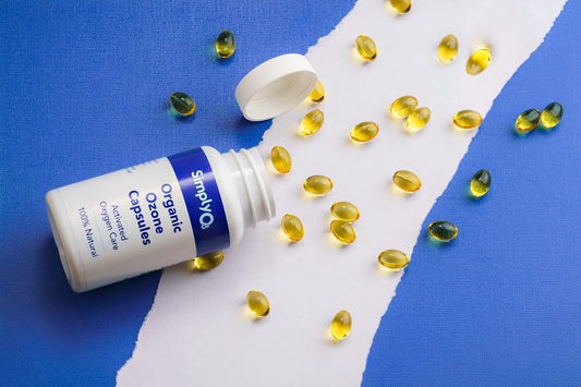 Simply O3 capsules close-up shows 1,200 peroxide value and 1,000 mg per serving detail.
