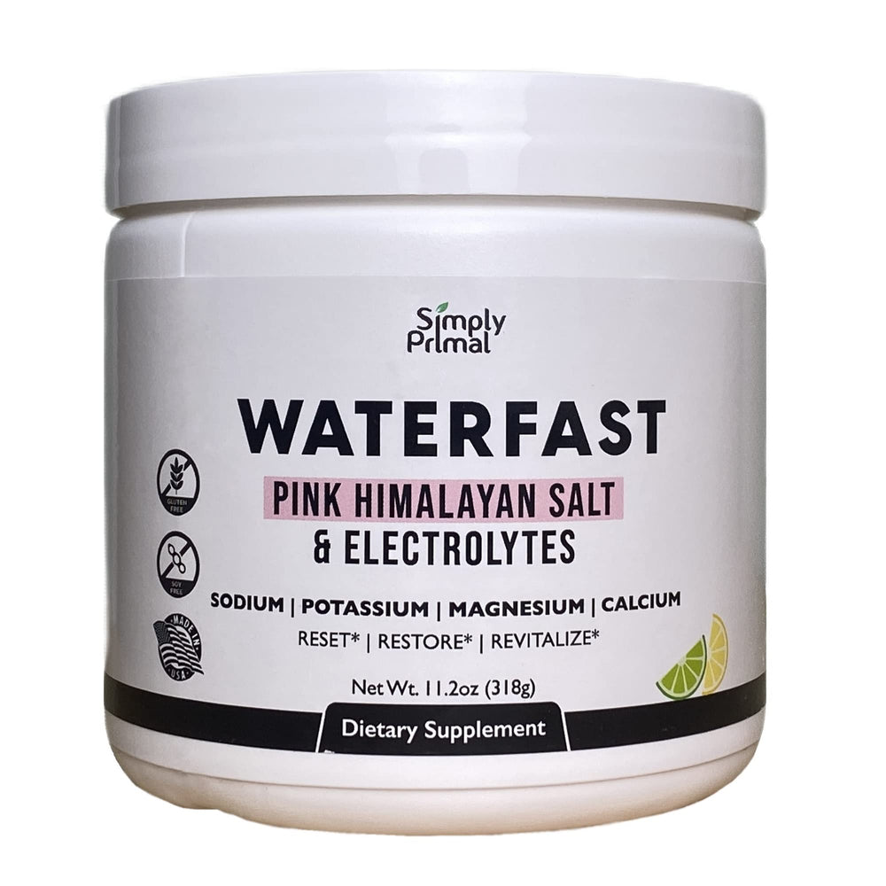 Simply Primal Waterfast Lemon Lime bottle supports fasting hydration.