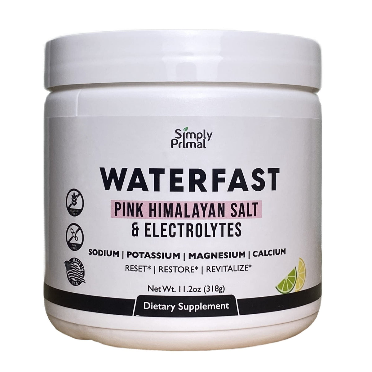 Simply Primal Waterfast Lemon Lime bottle supports fasting hydration.