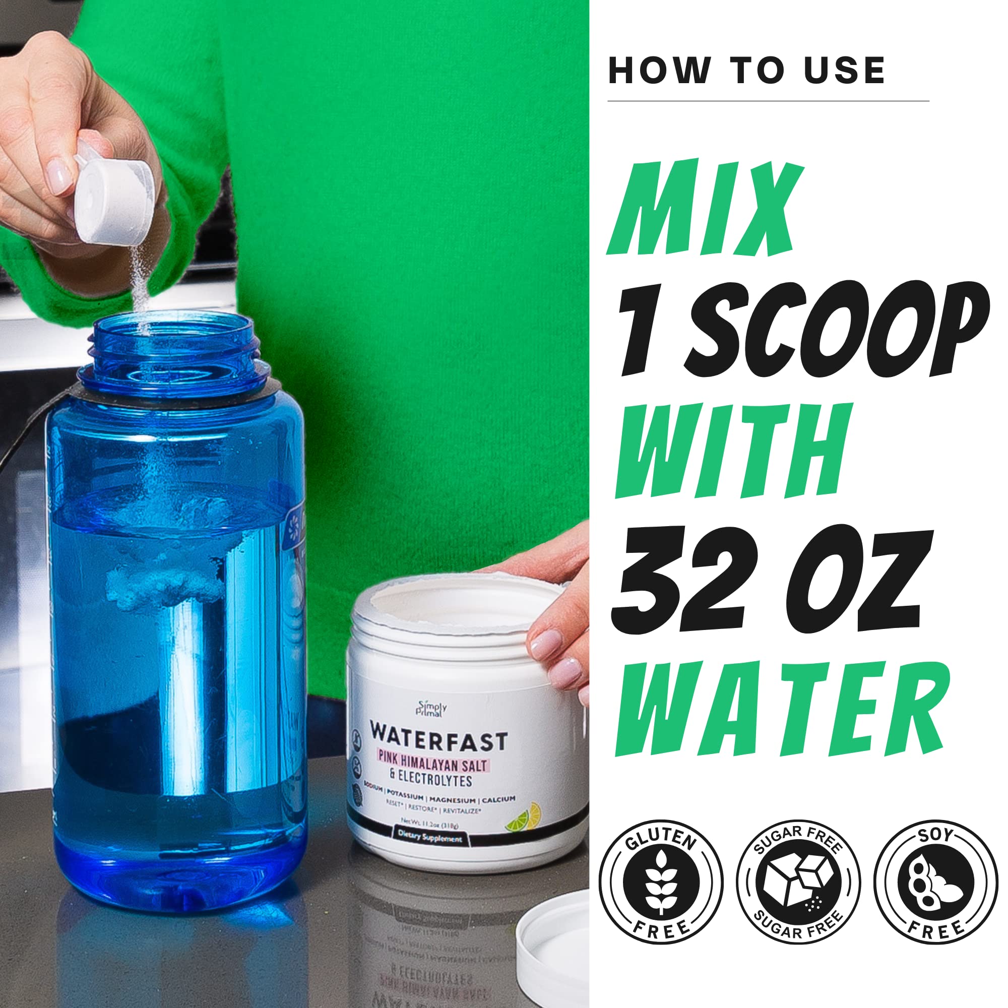 Simply Primal Waterfast Lemon Lime pour illustrating refreshing hydration during fasting.