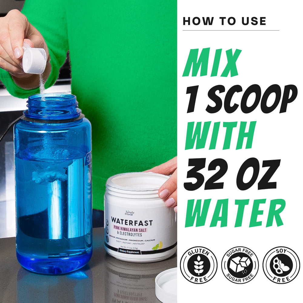 Simply Primal Waterfast Lemon Lime pour illustrating refreshing hydration during fasting.