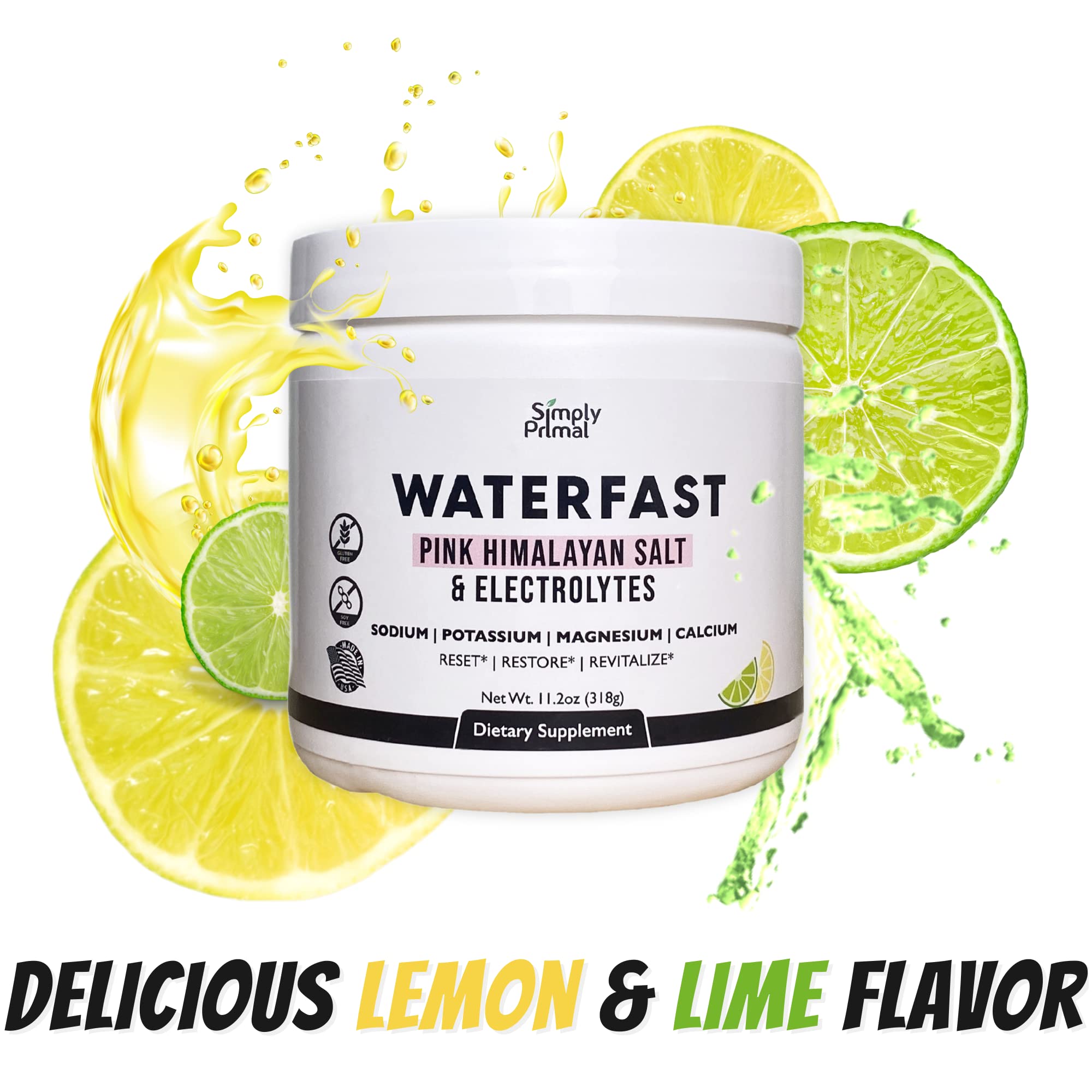 Simply Primal Waterfast Lemon Lime scoop shows keto-friendly electrolyte mix.