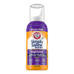 Simply Saline Plus Nighttime Nasal Mist Eucalyptus bottle for overnight congestion relief.