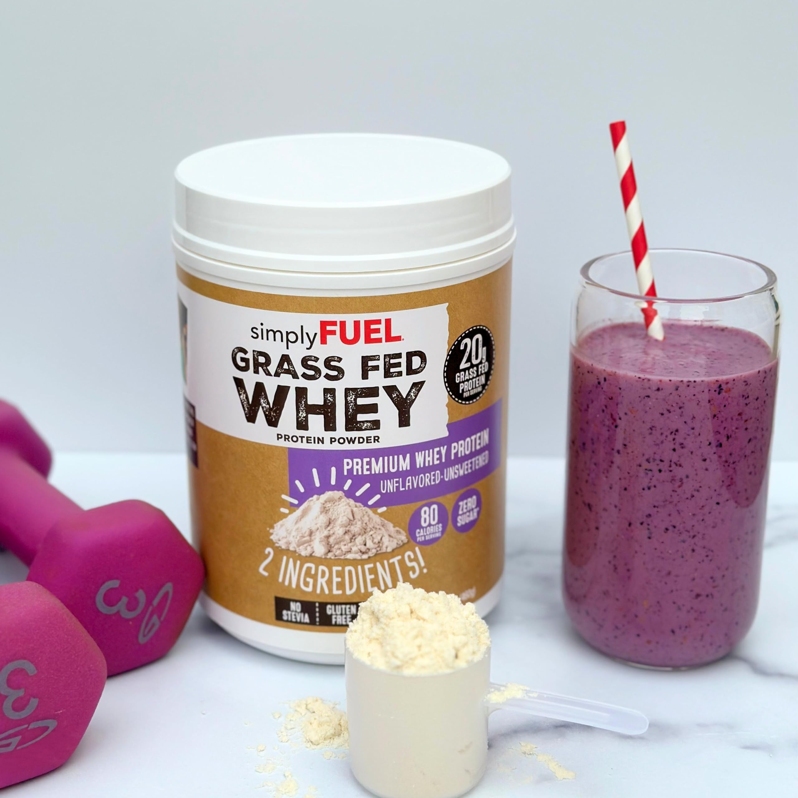 Gluten-free label on SimplyFUEL whey promotes versatile meals.