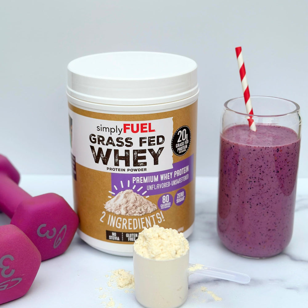 Gluten-free label on SimplyFUEL whey promotes versatile meals.