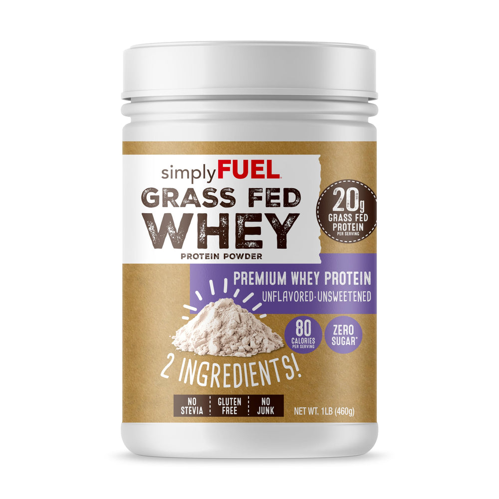 SimplyFUEL whey protein unflavored with a scoop for a clean protein boost.