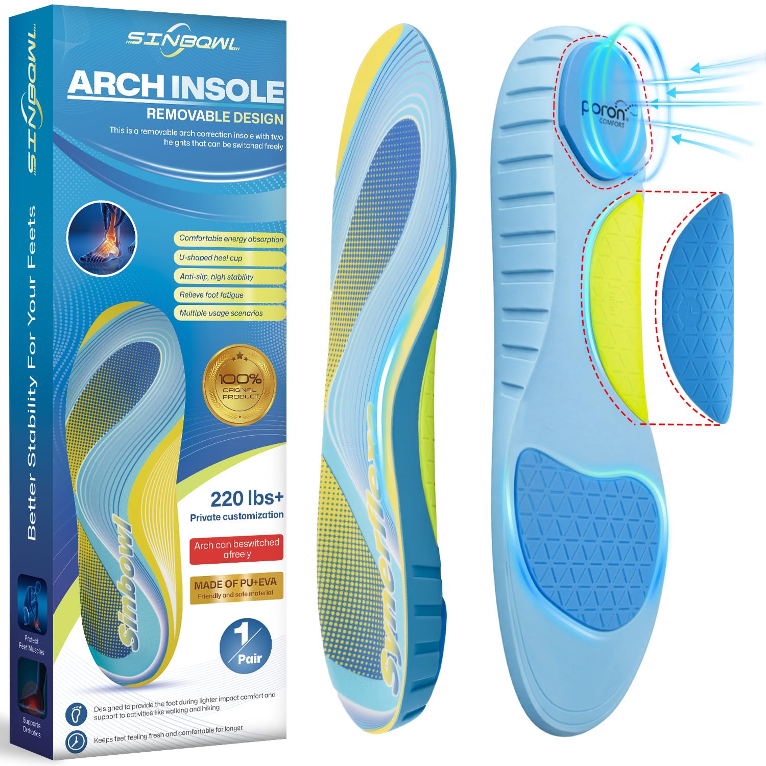 Sinbowl plantar fasciitis insoles with two arch heights for customizable support.
