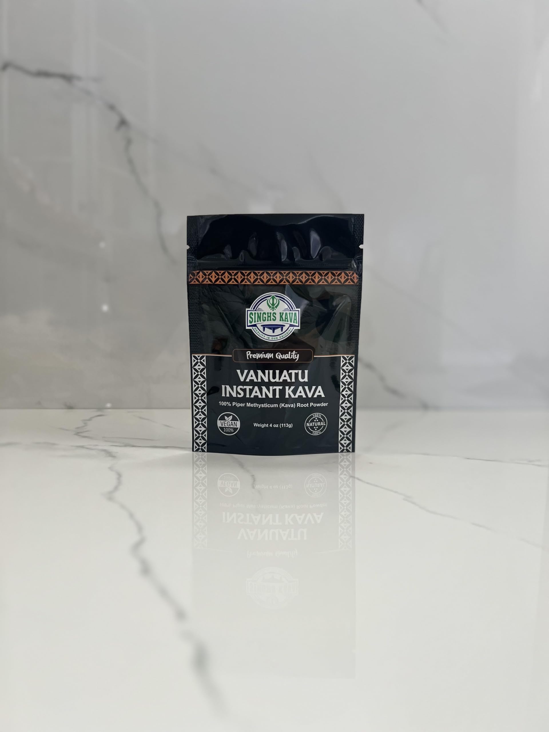 Singhs Micronized Instant Kava Powder being stirred for quick preparation.