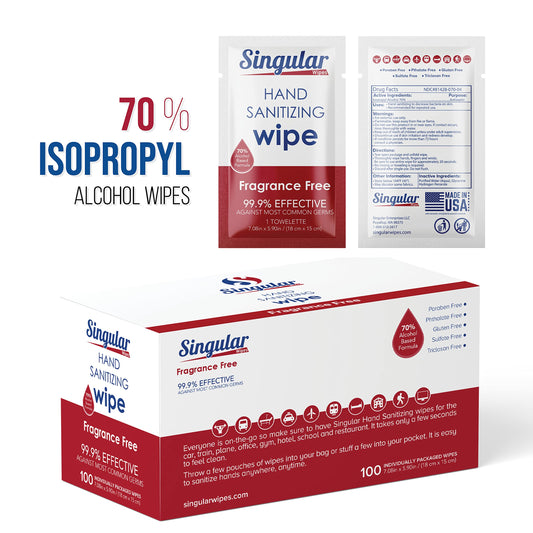 Individually wrapped Singular Wipes ensure clean hands anywhere.