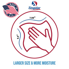 Larger wipe size in Singular Wipes delivers more moisture.