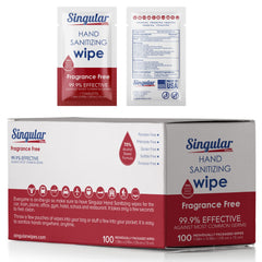 Singular Wipes travel pack front view for on-the-go hand disinfection.