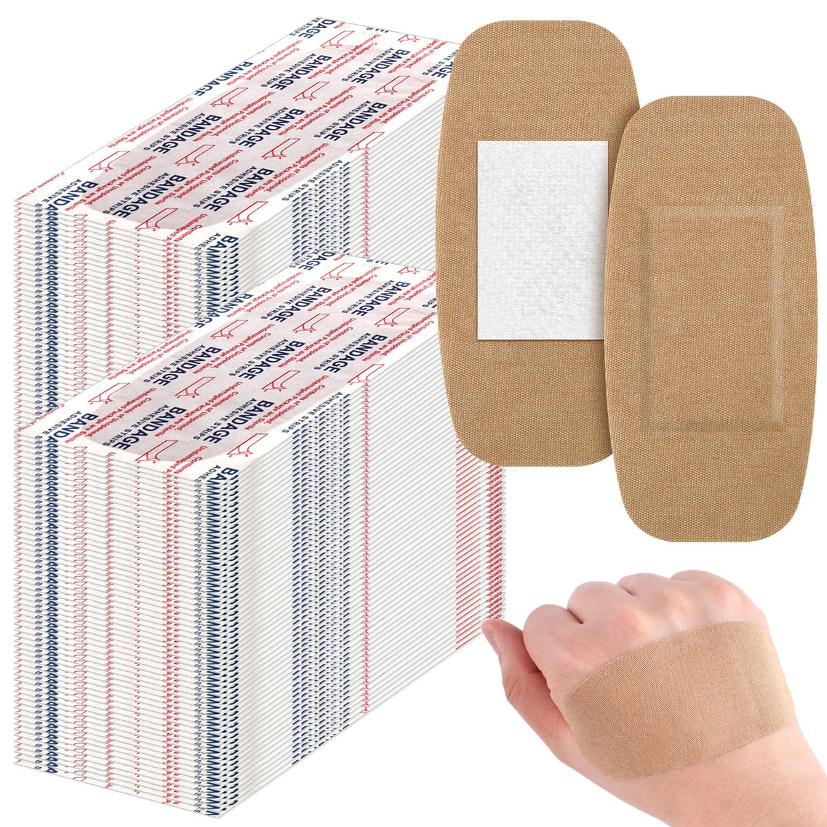 Sinmoe bulk fabric bandages show large 2x4 inch coverage for everyday wound care.