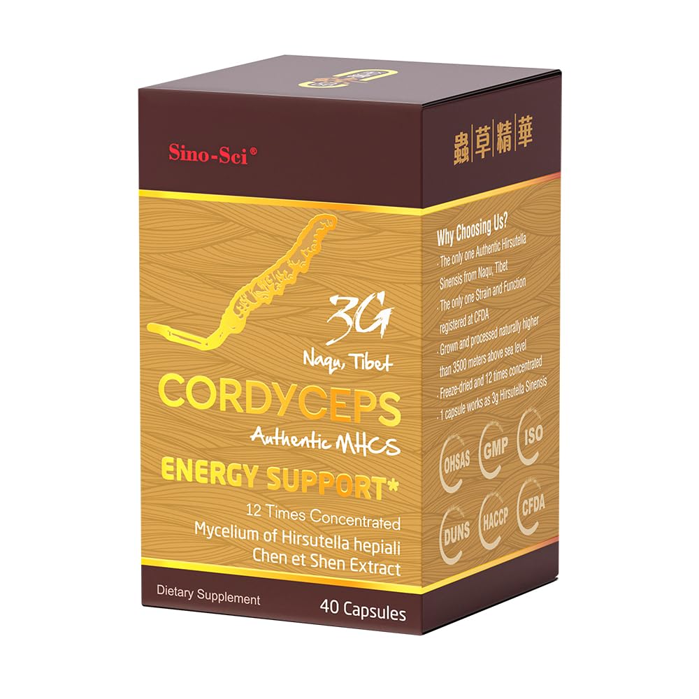 Sino-Sci Cordyceps 3G capsules bottle shows energy support potential.