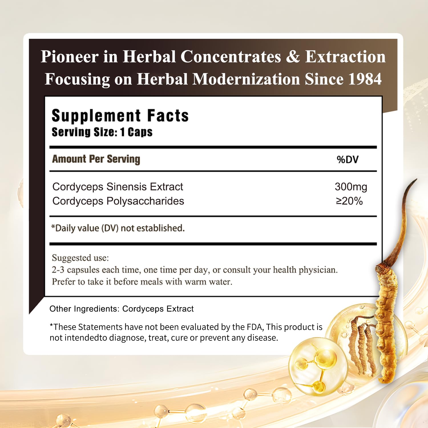 Closeup of Sino-Sci Cordyceps capsules highlights concentrated 12X extract for vitality.