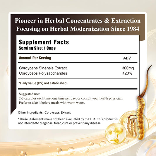 Closeup of Sino-Sci Cordyceps capsules highlights concentrated 12X extract for vitality.
