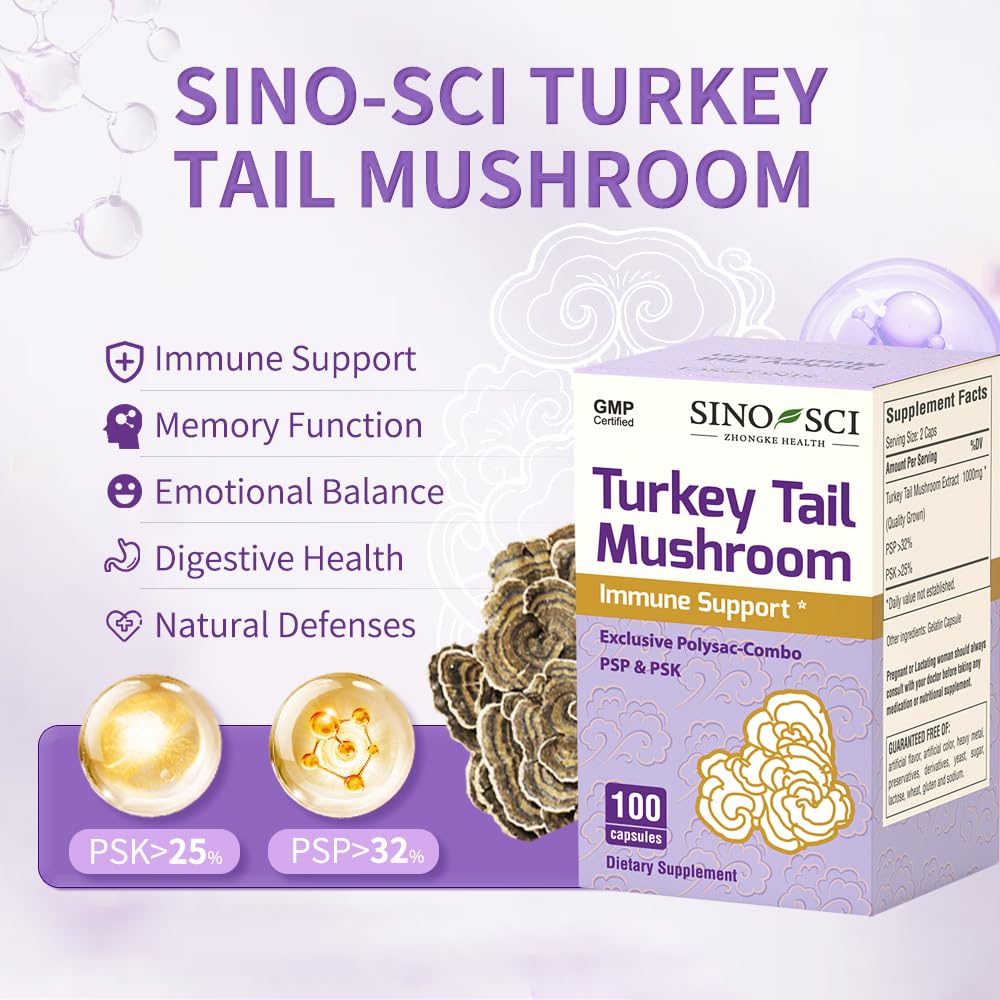 Sino-Sci Turkey Tail capsules viewed for convenient daily wellness support.
