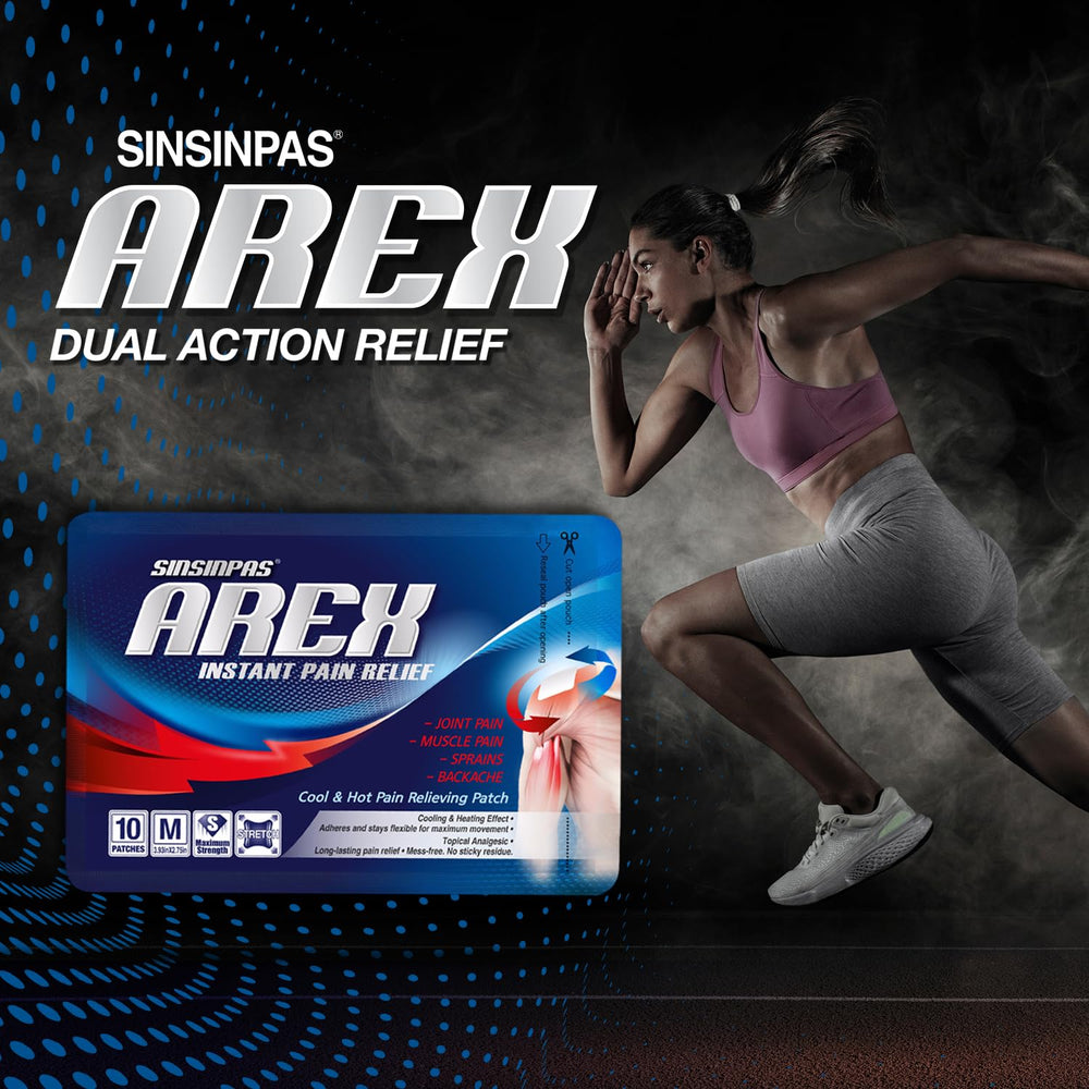 SINSINPAS AREX patch applied to shoulder for focused comfort and mobility.