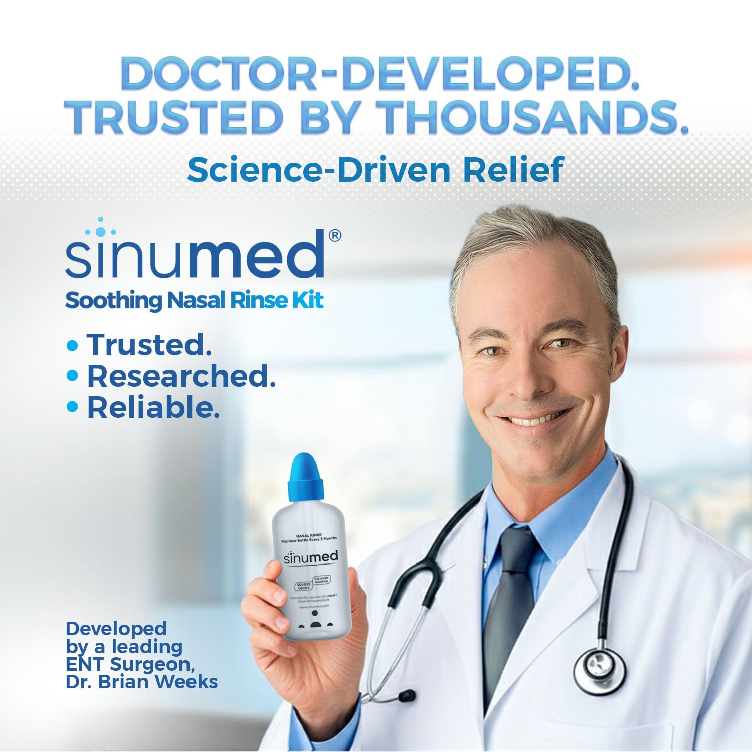SinuMed squeeze bottle demonstrating self-controlled flow during rinse.