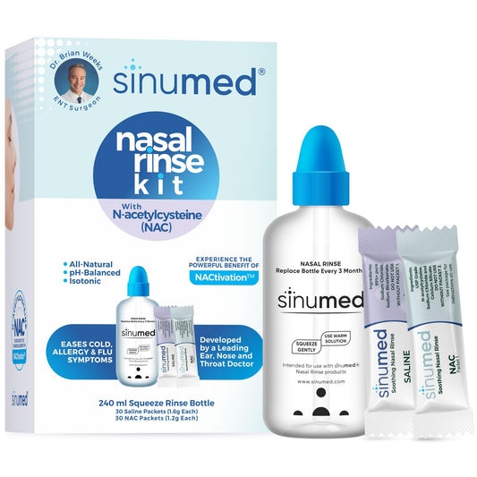 SinuMed Sinus Rinse bottle close-up showing gentle nasal irrigation.