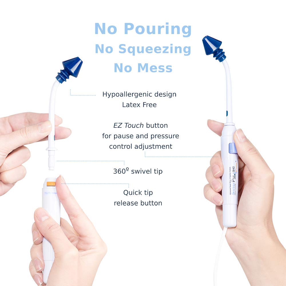 SINU PULSE ELITE pulsating rinse cleans sinuses for clearer breathing.