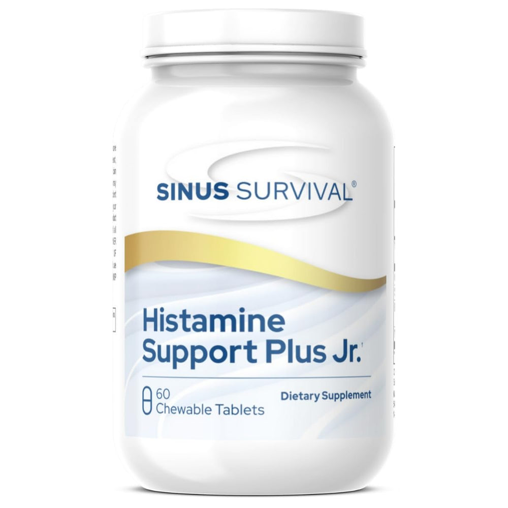 Sinus Survival Histamine Support Plus Jr berry chew closeup, kid-friendly dose for daily use.