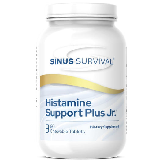 Sinus Survival Histamine Support Plus Jr berry chew closeup, kid-friendly dose for daily use.