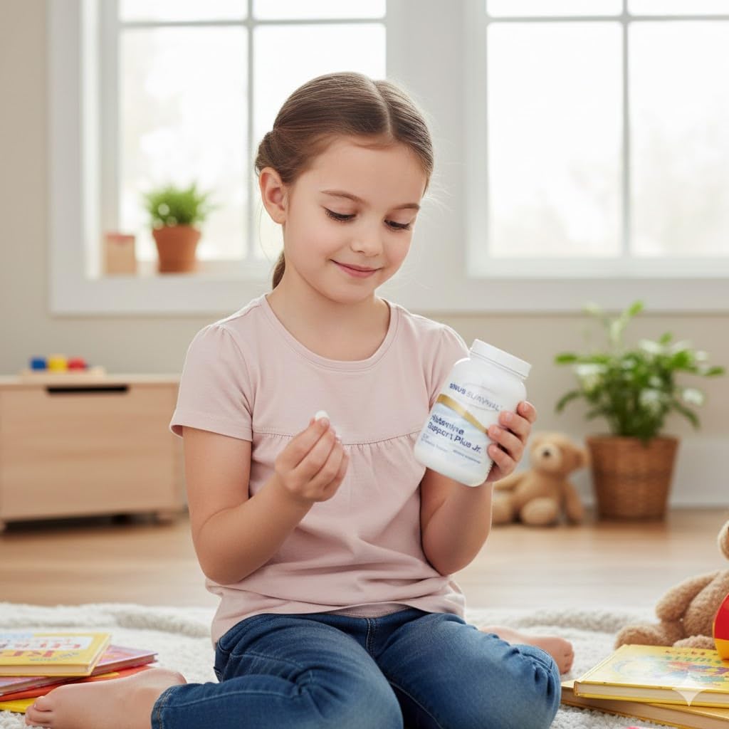 Sinus Survival Histamine Support Plus Jr berry flavor, long-lasting chewable for kids.
