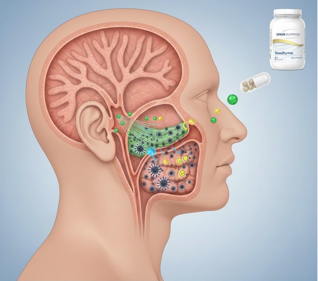 Sinus Survival SinuThyme on a desk with water for on-the-go relief.