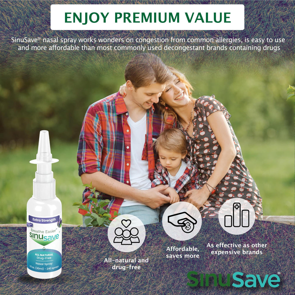 SinuSave nasal spray application shown for easy daily relief.