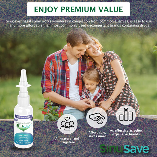 SinuSave nasal spray application shown for easy daily relief.
