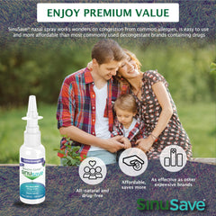 SinuSave nasal spray application shown for easy daily relief.