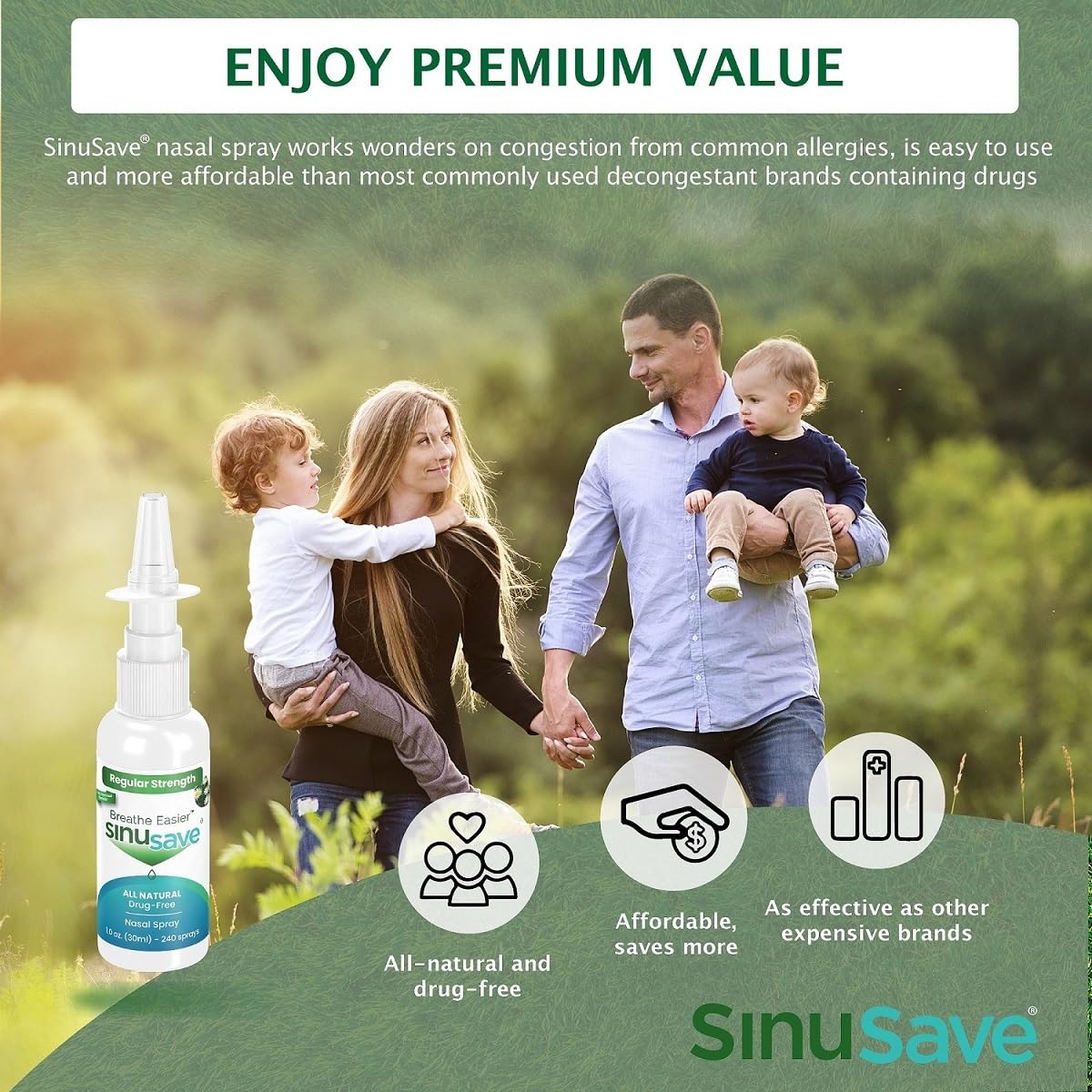 Sinusave regular strength nose application demonstrates convenient spray for clear breathing during allergies