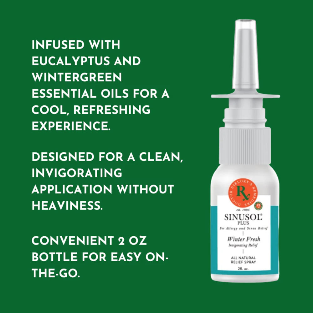 Sinusol plant-based oil blend highlights eucalyptus and menthol ingredients for a natural aroma