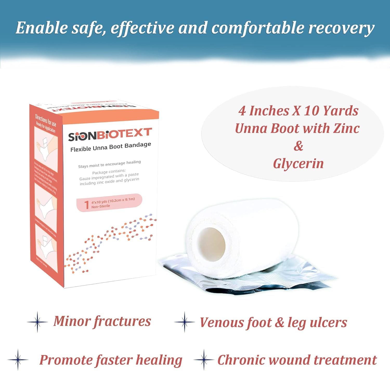Sion Biotext Unna Boot applied to leg for light compression and moisture balance