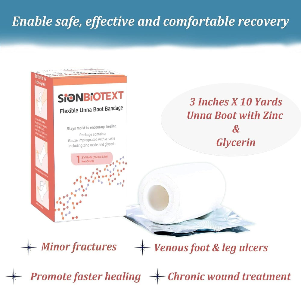 Sion Biotext self-adhesive Unna Boot wrapped on leg for comfort.