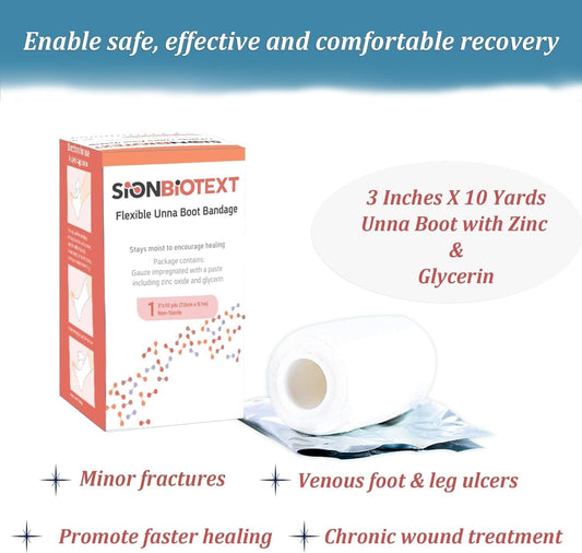 Sion Biotext self-adhesive Unna Boot wrapped on leg for comfort.