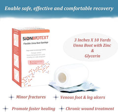 Sion Biotext self-adhesive Unna Boot wrapped on leg for comfort.